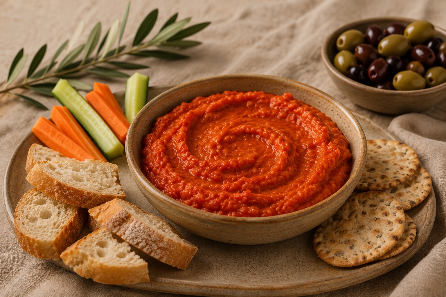 Ajvar als Dip mit Gemüse und Brot