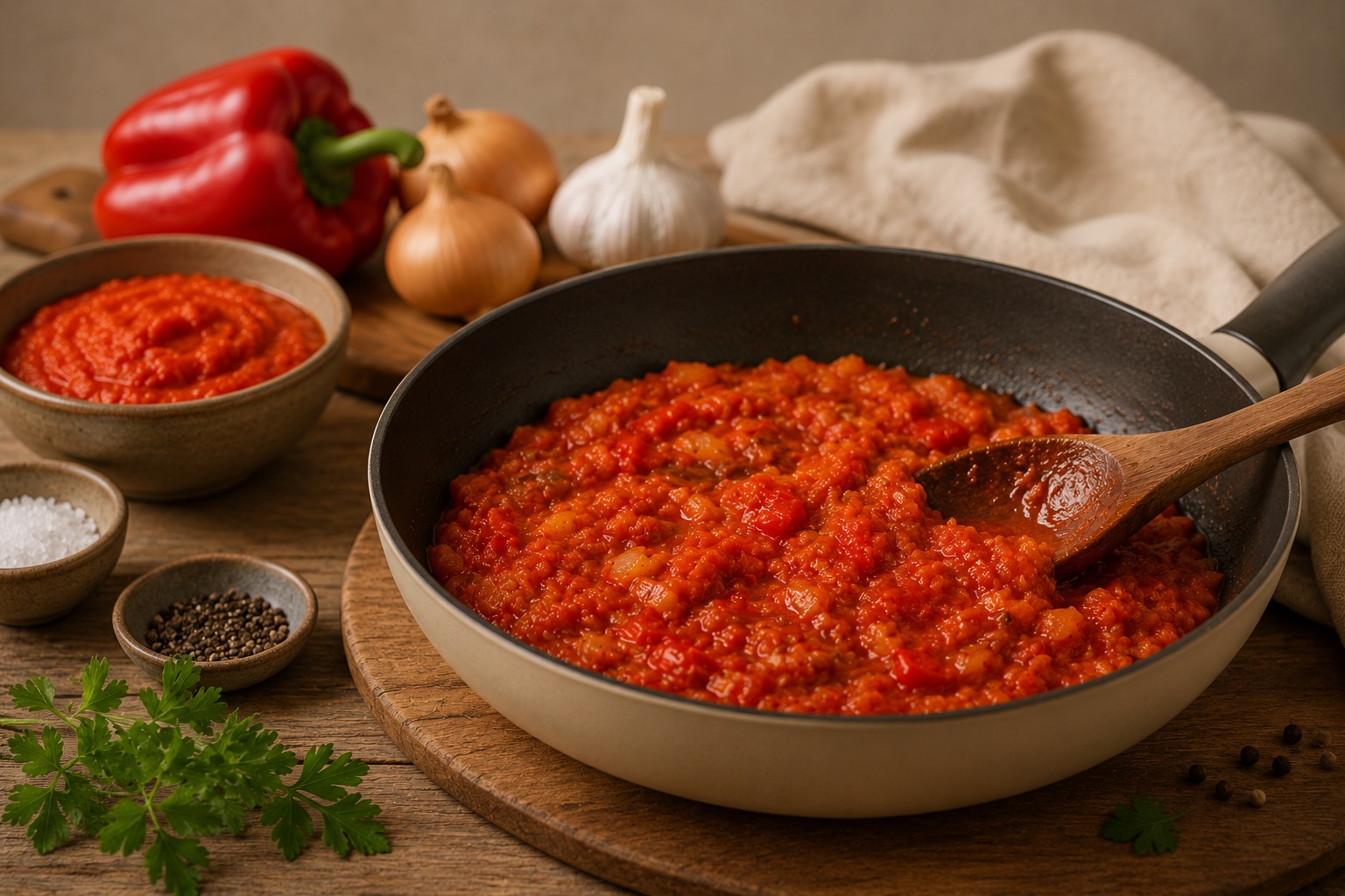 Ajvar zum Kochen in der Pfanne